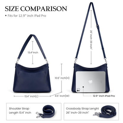 befen Genuine Leather Crossbody Bag for Women, Navy Blue Purses Soft Real Leather Hobo Bag with 2 Detachable Straps Designer Large Crossbody Purse Womens Shoulder Handbag for Daily and Work