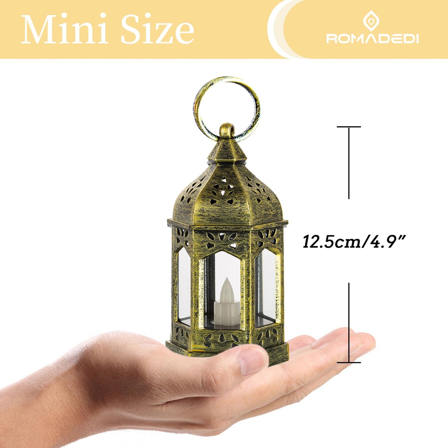 Romadedi Mini Lanterns Decorative for Centerpiece: 10pcs Hanging Small Gold Lantern Bulk with Flickering LED Candles for Wedding Decor Party Table Decorations Christmas Halloween, Batteries Included