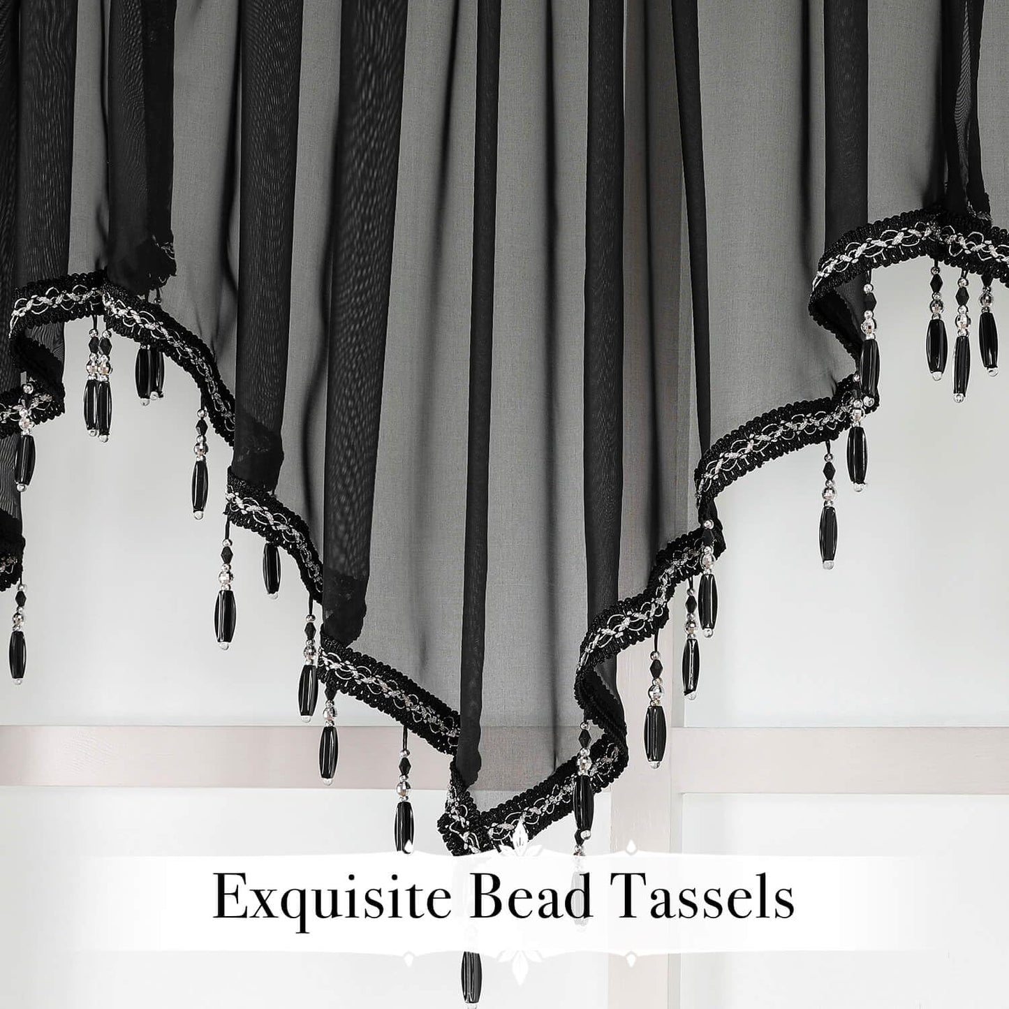 WUBODTI Halloween Black Beaded Sheer Valance Curtains for Windows 3Pcs, Gothic Farmhouse Window Valance Beads Tassel Semi Sheer Curtain Valances for Bedroom Bathroom Kitchen, 51 x 24 Inch Length