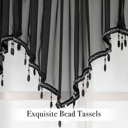 WUBODTI Halloween Black Beaded Sheer Valance Curtains for Windows 3Pcs, Gothic Farmhouse Window Valance Beads Tassel Semi Sheer Curtain Valances for Bedroom Bathroom Kitchen, 51 x 24 Inch Length