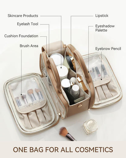 Prite Makeup Bag for Women, Large Capacity Waterproof Travel Cosmetic Organizer, Portable Open Flat Toiletry Bag with Free-standing Brush Holder and Handle(Beige Brown Large)