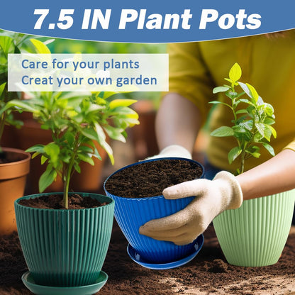 RooTrimmer Plastic Plant Pots, 6 Pack 7.5 Inch Flower Pots with Drainage Holes and Saucer, Planters for Indoor Outdoor Plants, Stylish Decor for Home and Garden(Blue, Green, Dark Green)