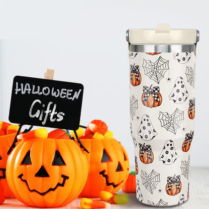 nmbnswo 30 oz Halloween Tumbler with Lid and Straw, Ghost Pumpkin Bow Tumbler Insulated Coffee Travel Mugs Cup Water Bottle Cute Halloween Gifts for Women Girls