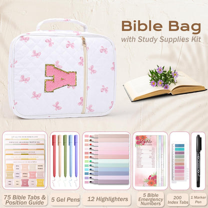 XKDOUS Bible Cover for Women Quilted Bible Bag Church Book Carrying Case with Letter A, Handle, Study Supplies Organizer Portable Church Book Carrier Christian Gifts for Mom, Lady