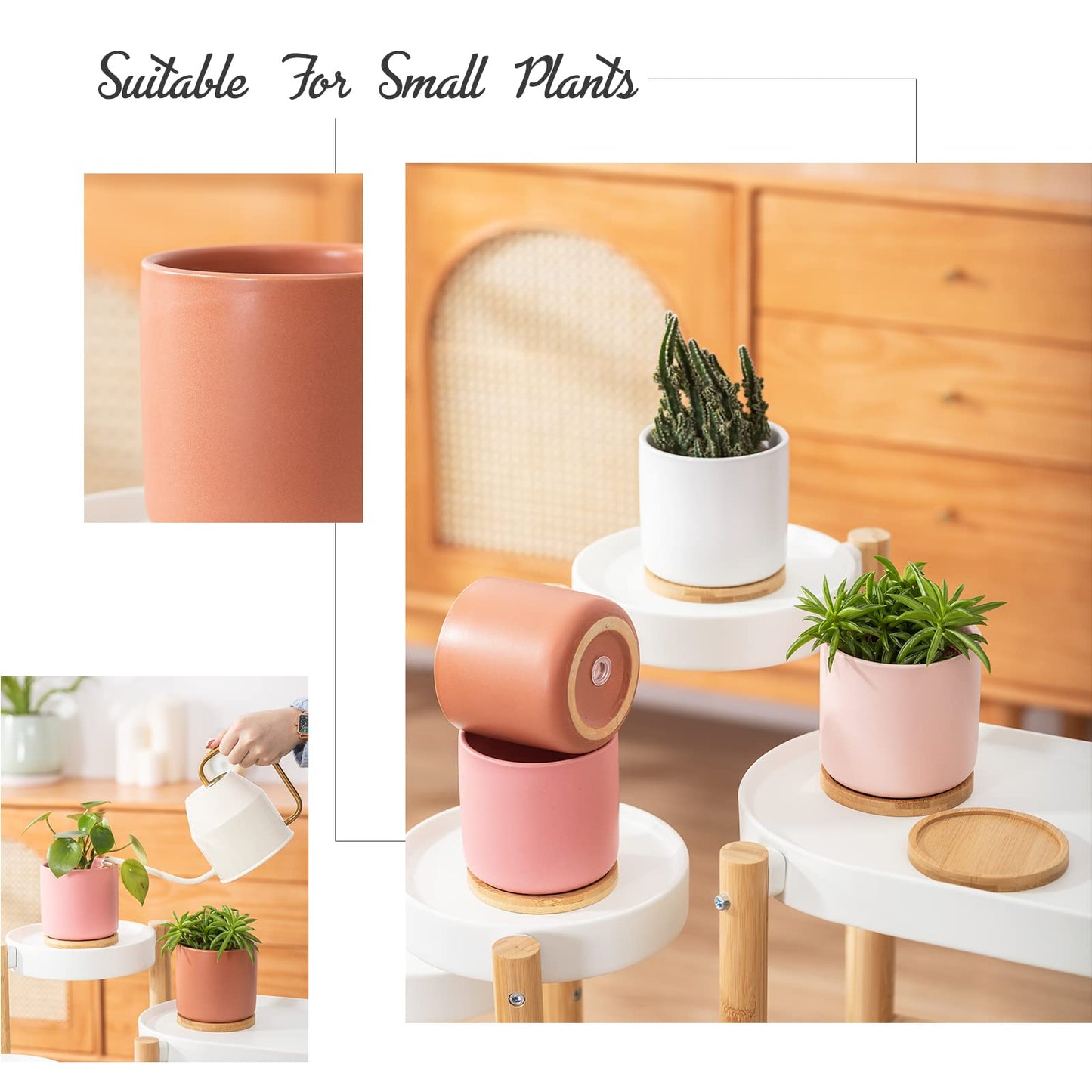 OMAYKEY 4 Inch Ceramic Plant Pot with Saucer, Multicolor Planters Pots with Drainage Hole and Mesh Pads for Succulent, Indoor Flowers, Snake Plants, Cactus, Herbs, Set of 4 (Plant Not Included)