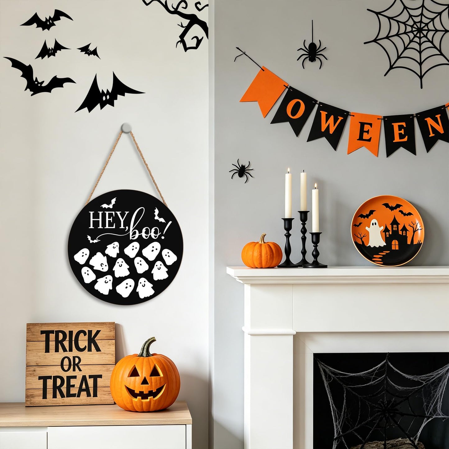 Hey Boo Sign 12x12 Inch Halloween Wreaths for Front Door Halloween Ghost Wood Door Hanger Black Boo Sign Farmhouse Holiday Decorations Wall Hanging Plaque for Trick or Treat Party Inside Outside