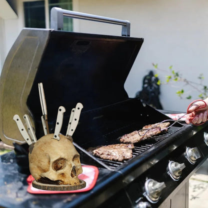 Skull Knife Holder for Kitchen: A Skeleton Knife Stand Doubling as Horror - Themed Kitchen Storage Head Rack. Ideal for Scary Party Decor, 15CM/5.9IN, Beige