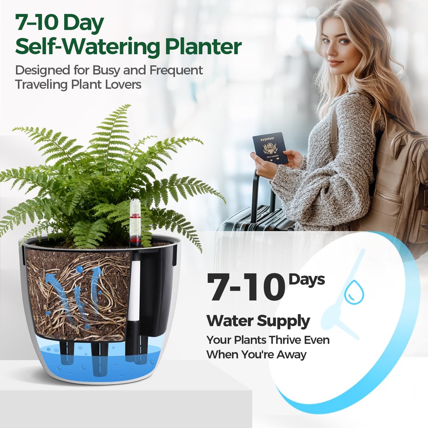 T4U Self Watering Pots for Indoor Plants, 7 Inch Self Watering Planters with Water Level Indicator, Bottom Watering African Violet Pots for Beginners & Busy Plant Owners, BPA-Free (2 Pack, White)