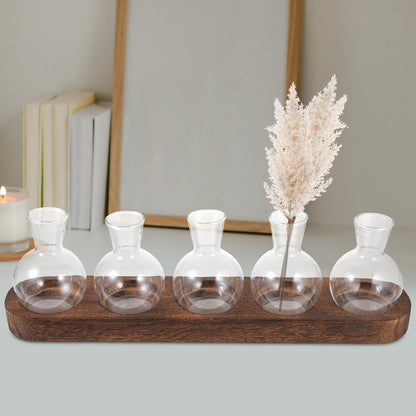 Toyvian Glass Plant Vase Set with Wooden Base, Hydroponic Terrarium for Indoor Greenery, Desktop Decorative Flower Vases for Office and Living Room (3 Bottles + 5 Bottles)