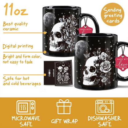 Koouyiedy 2PCS Halloween Mug Gift for Dad, Mom, Couple, Boyfriend, Girlfriend, Goth Gift for Women Men - Skull Mug 11OZ - Witch Gifts for Husband Wife - Gothic Cup with Card