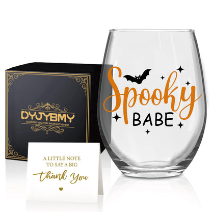 DYJYBMY Spooky Babe Halloween Stemless Wine Glass With Gifts Box, Funny Thanksgiving Halloween Gifts For Confidante Family Bestie Coworkers Men Women Friends, Clear Stemless Wine Tumbler For Couple