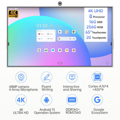 JAV Smart Board with Google EDLA Certified, 65 inch Interactive Whiteboard - 4K UHD 16+256GB Digital Smart Whiteboard Touch Screen with 48MP Camera for Classroom Office (Wall Mount Included)