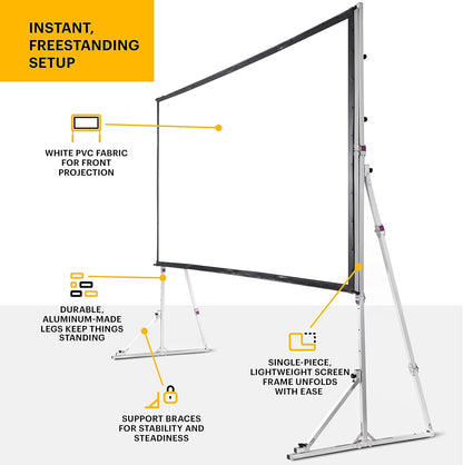 KODAK 150” Portable Projector Screen W/Stand - Fast Fold White Projection Backdrop for Outdoor & Indoor Movies with Tripod, Outdoor Stability Kit, & Black Storage Carry Case