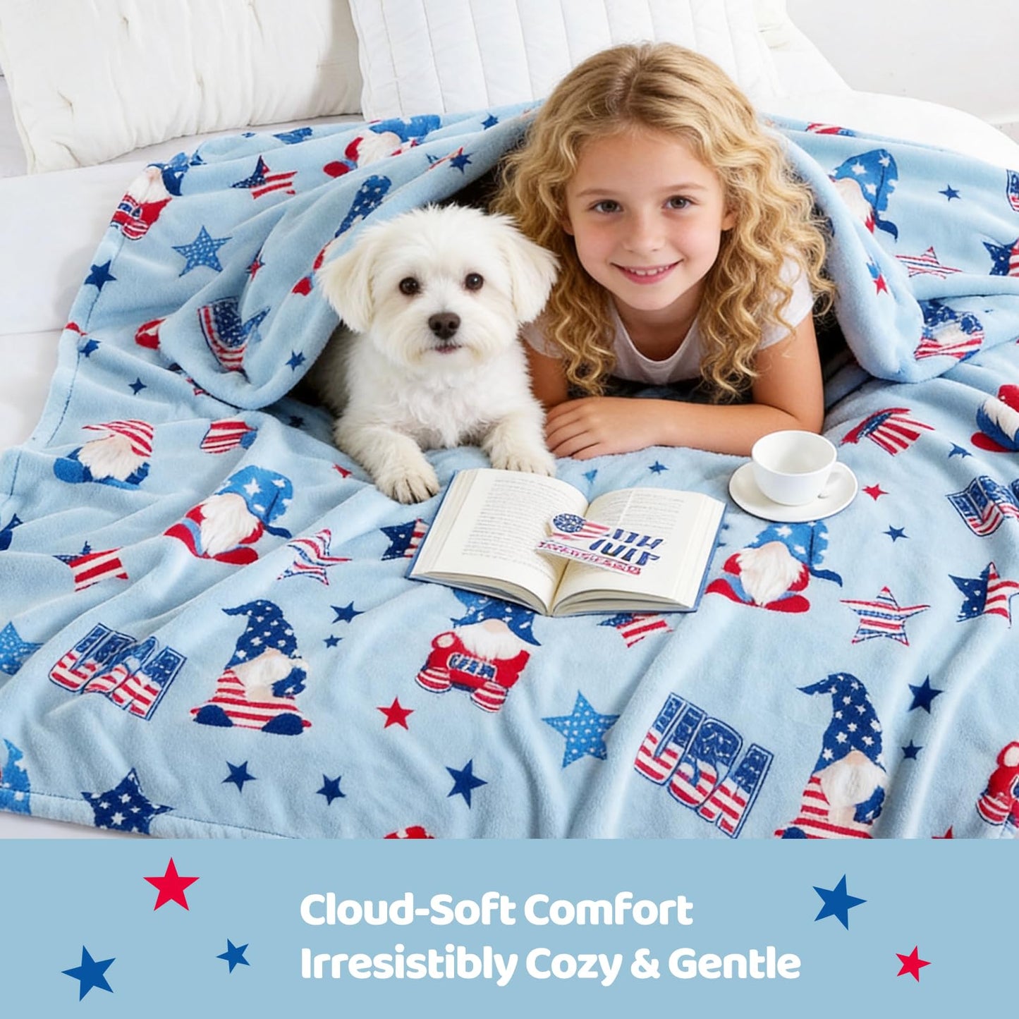 Cozy Bliss Gnome Patriotic Throw Blanket - 4th of July Warm MilkyPlush Throw Blankets,Ultra Soft Cozy Blankets for Couch,Sofa and Bed,Blue,50"x60"