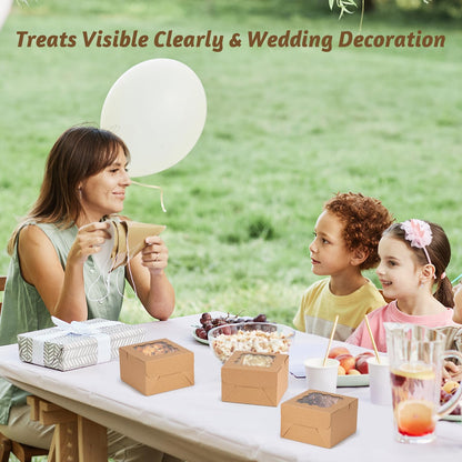 Norxziore 50pcs Brown Cookie Boxes with Window, 4x4x2.5 Inches Small Treat Boxes, Kraft Grease-proof Film Paper Bakery Boxes, Pastry Boxes for Dessert, Strawberries, Cupcake, Valentine, Gift Giving