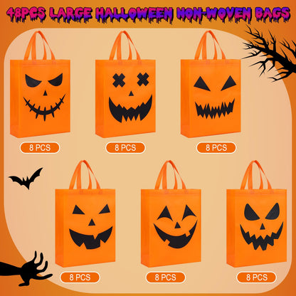 Sanwuta 48 Pcs Halloween Tote Gift Bags 14.9 x 11.8 Large Treat or Trick Pumpkin Reusable Non Woven Candy Goodies Bag for Halloween