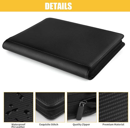 12 Pocket Ringless Side Loading Trading Card Binder, 720 Cards PU Fixed Page Zipper Card Album for TCG Sports Game Cards, Not Fit Top Loaders (Carbon Black)