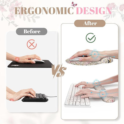 iCasso Desk Mat Set,Large Mouse Pad with Wrist Rest,Ergonomic Keyboard Wrist Support for Women,Girly Floral Computer Mat with Scalloped Edges,Non-Slip Desk Pad Home Office Gaming (Beige)