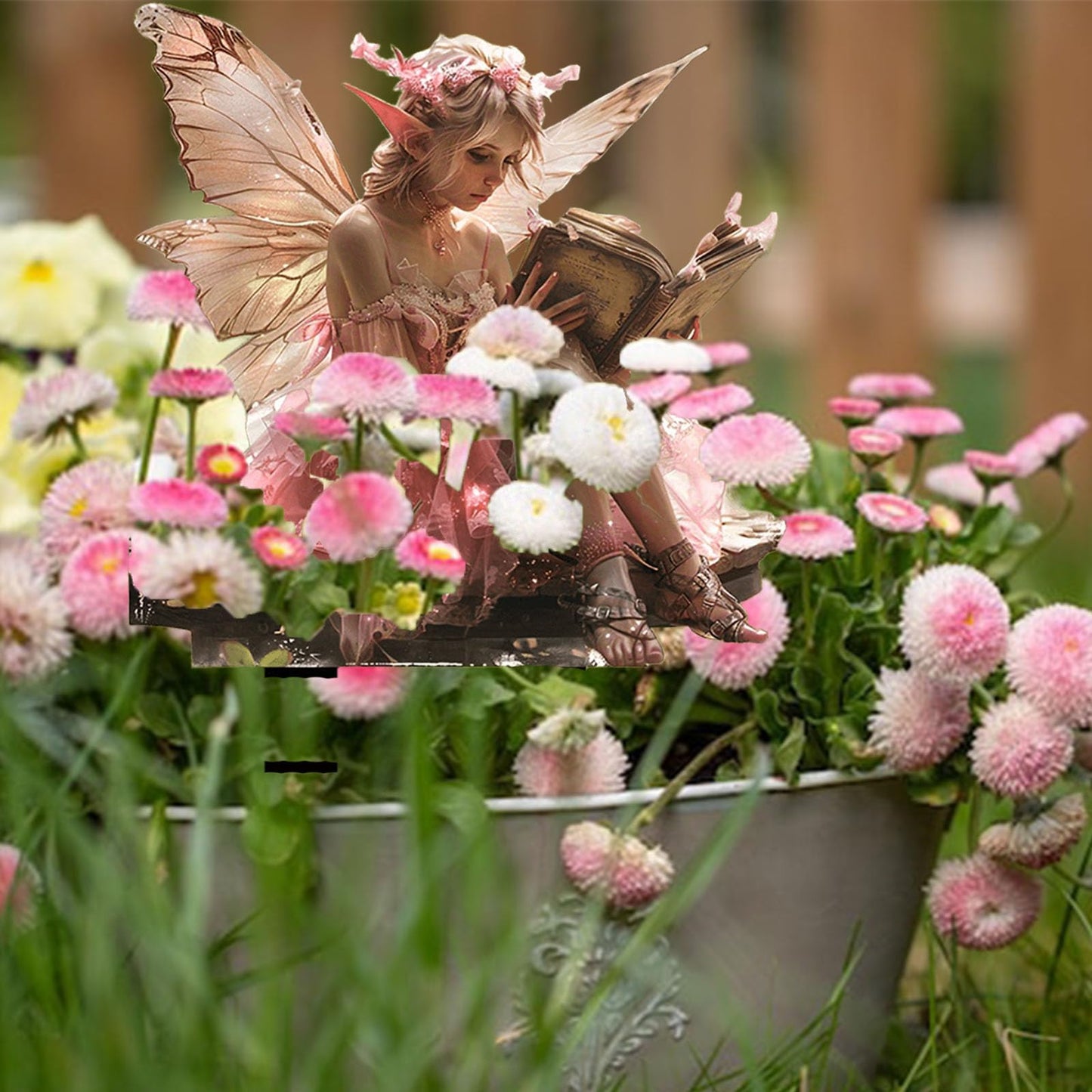 ANNUOZE Fairy Garden Stake Decor, 2D Flat Acrylic Fairy Garden Decor Panel, Elf Yard Sign for Outdoor Indoor Yard Lawn Plants Pots, Fairy Backyard Accessories (Pink Fairy Reading a Book)