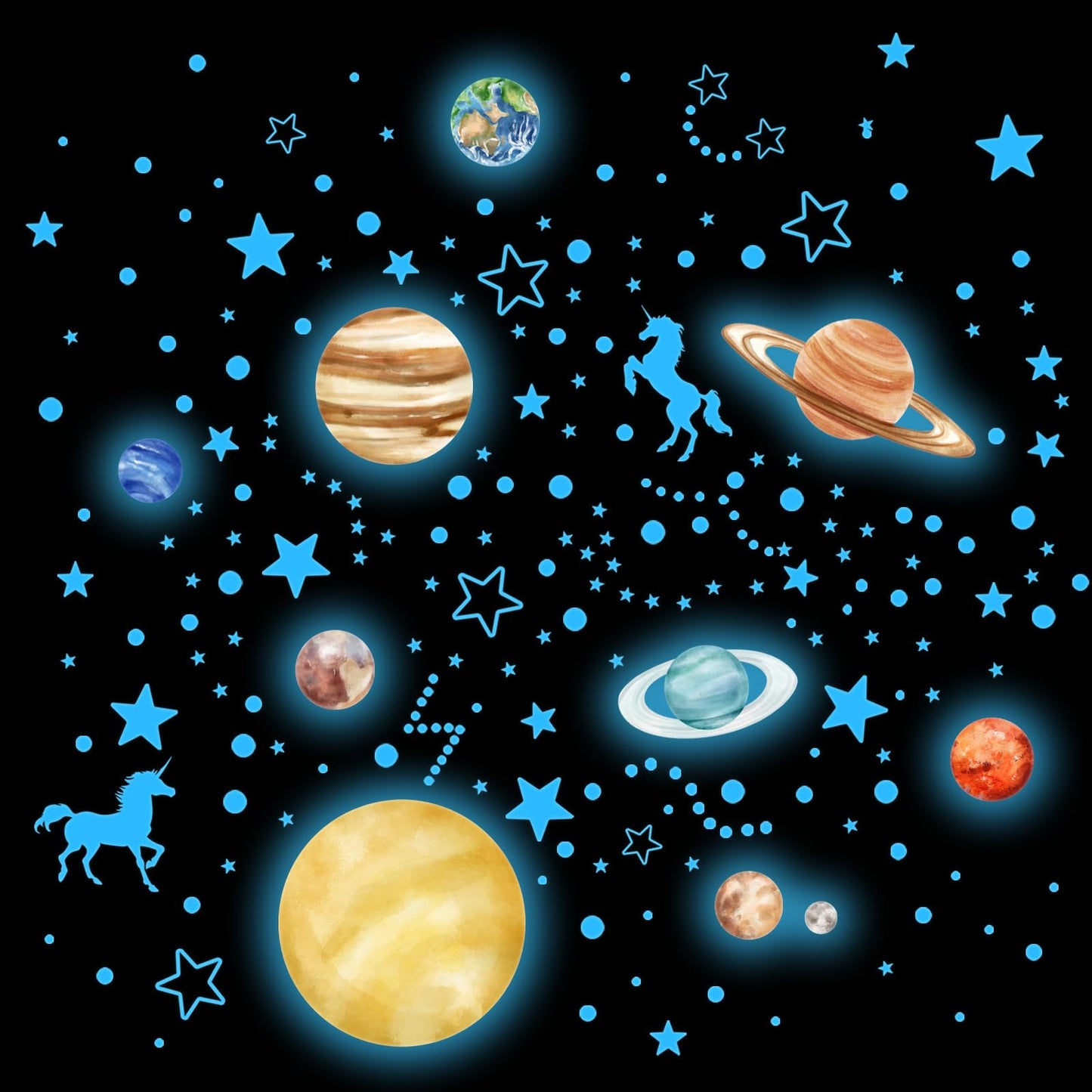 Glow in The Dark Stars and Planets Wall Decals Bright Solar System Wall StickersSpace Stickers for Kids Room Decor (Blue) Birthday Christmas Gift for Boys and Girls