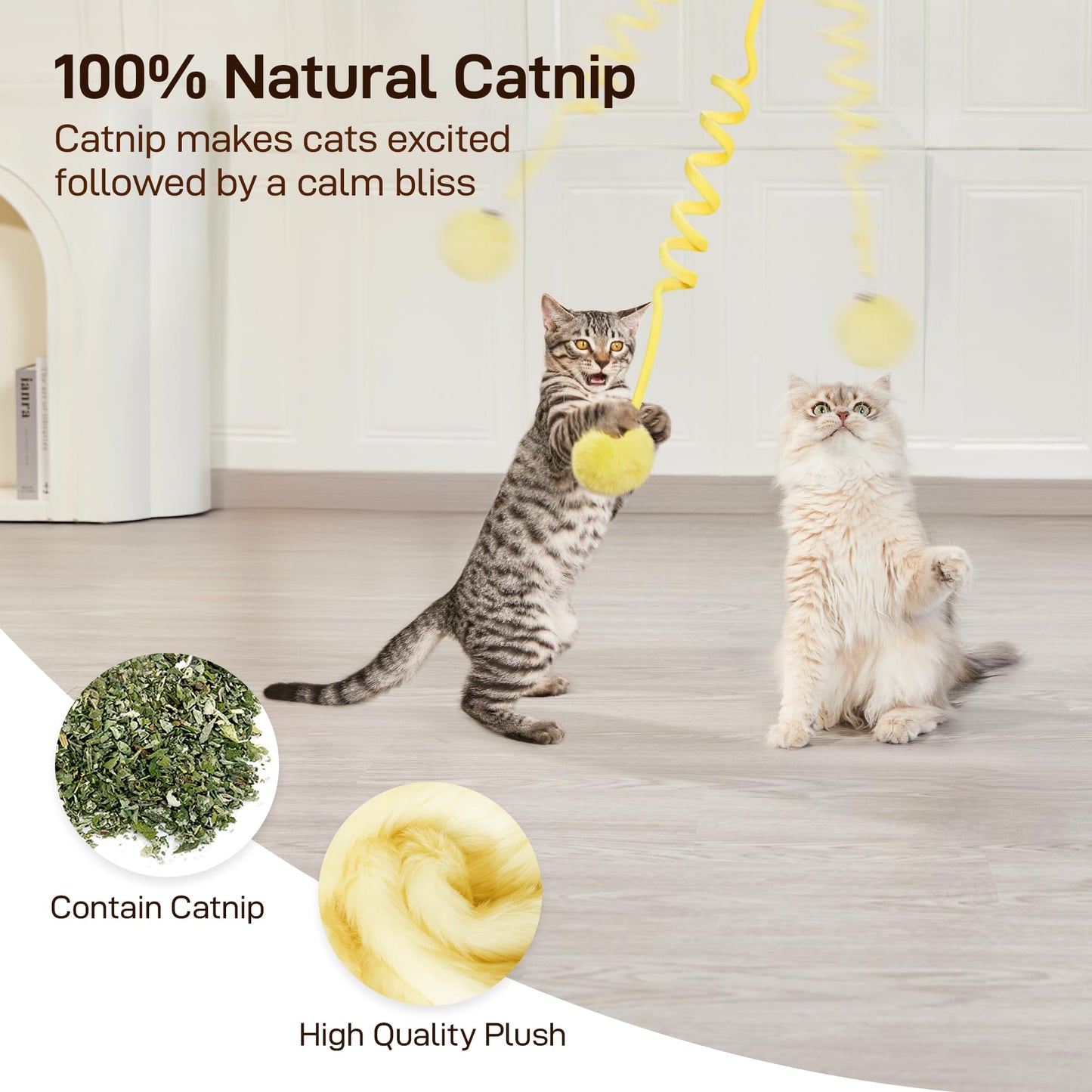 Potaroma Hanging Fluffy Cat Catnip Ball Toys 3 Pcs with Bell, Interactive Cat Teaser Retractable Toys Indoor Kitten Play Chase Exercise Physical Stimulation