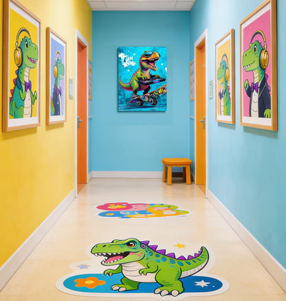16x24 Graffiti Blue Skateboard T-Rex Dinosaur Canvas Wall Art Prints, Framed Watercolor Animal Pop Cool Painting, Funny Kids & Teen Boy Bedroom Decor, Home Bathroom Living Room Wall Poster Gift