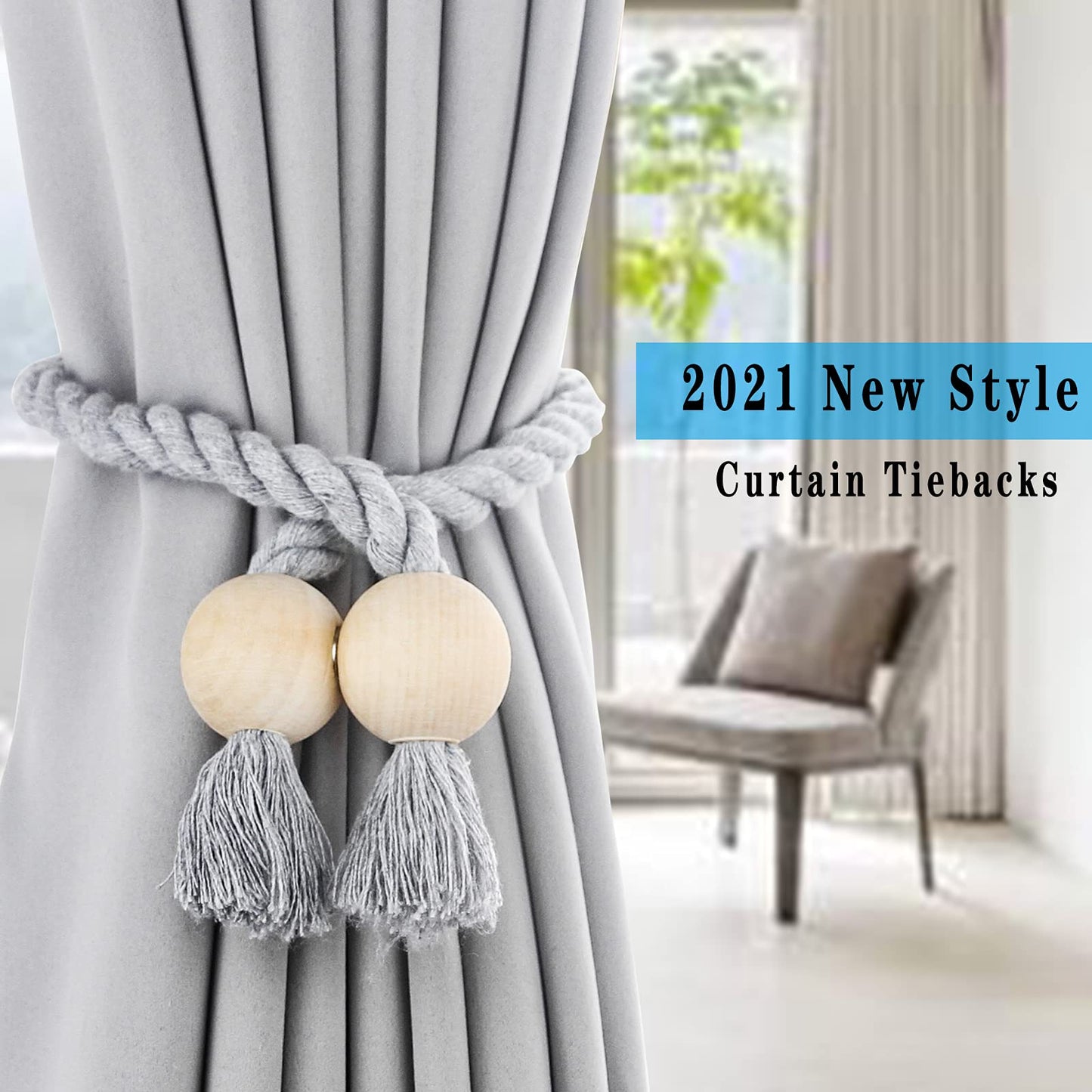 Porlau 4 Pack Grey Magnetic Curtain Tiebacks Cotton Hand Woven Tieback Holdback Decorative Tie Backs for Drapes with Wooden Buckle No Tools Required