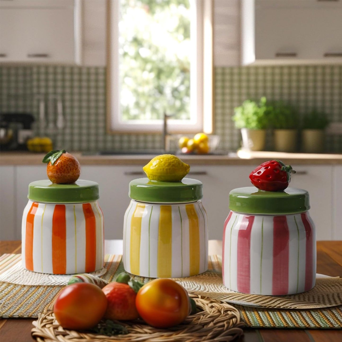 DIF DECO Cookie Jars with Lid Airtight, Hand Painted Orange Ceramic Food Storage Containers with Lids for Home Decor and Kitchen Countertops, For Coffee, Spices, Sugar, Tea, Salt, Honey, Candy, Nut