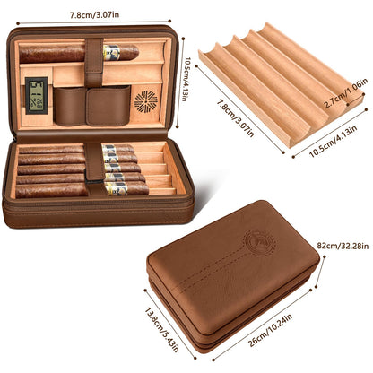 Cigarol Cigar Humidor Case, Leather Travel Humidor Case, Portable Cedar Wood Lined Cigar Box with Digital Hygrometer & Humidifier Accessories, Holds 6 Cigars, Gifts for Men (Brown)