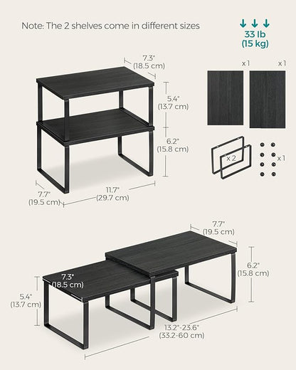 SONGMICS Cabinet Organizer Shelf, Set of 2 Kitchen Counter Shelves, Kitchen Storage, Spice Rack, Stackable, Expandable, Metal and Engineered Wood, Ink Black and Charcoal Black UKCS02B01