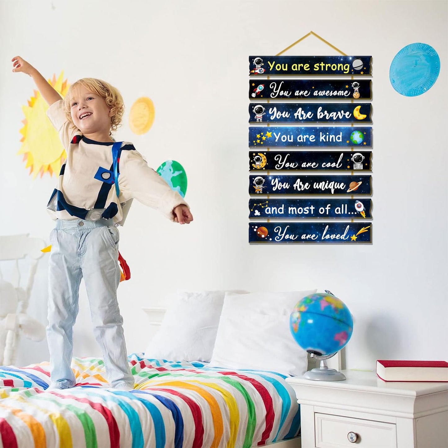 Rutiyoka Outer Space Themed Room Decor for Boys Bedroom Wall Inspirational Art Kids Wood Decorations Little Boy Nursery Toddler Sign