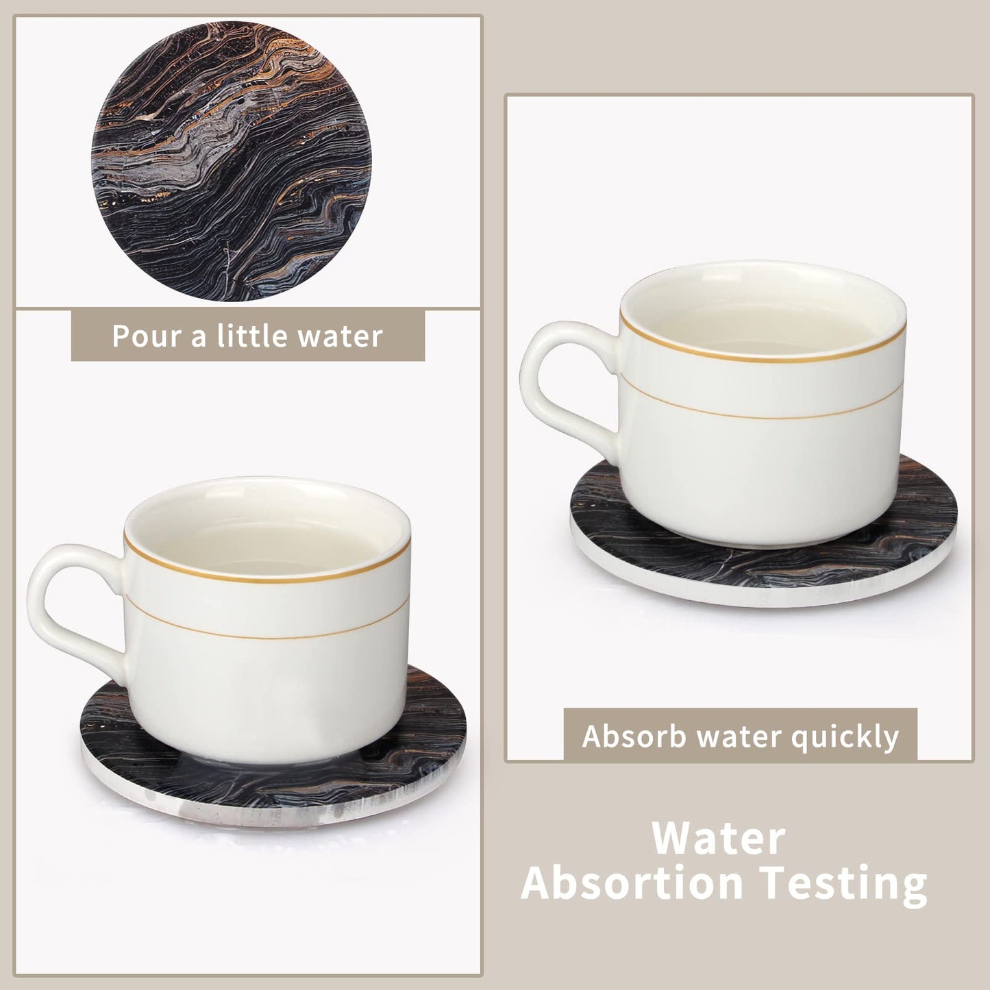 6 Pcs Black Ceramic Stone Modern Coasters with Holder Best Absorbent Drink Coasters Round Ceramic Table Coasters Set Best Coffee Table Ceramic Coaster Set