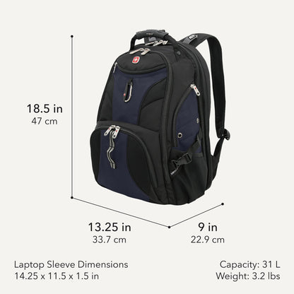 SWISSGEAR 1900 ScanSmart Laptop Backpack, Fits Most 17-Inch Laptops, TSA-Friendly Lay-Flat Design, RFID Protection, and Tablet Pocket, Black, 31L, 18.5-Inch