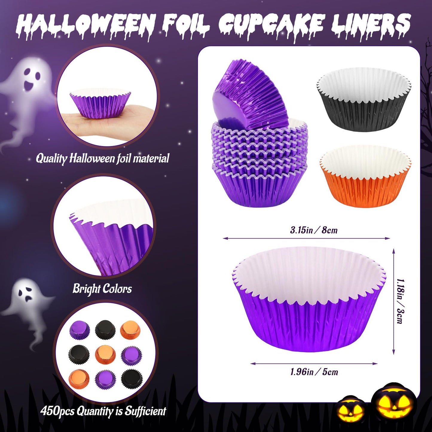 SANNIX 450Pcs Halloween Foil Cupcake Liners Muffin Liners Baking Cups Foil Metallic Cupcake Wrappers for Halloween Party Supplies Standard Size (Black, Purple, Orange)