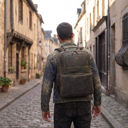 LEATHER VILLAGE Vintage Leather Laptop Backpack for Men & Women, Professional Business Bag Fits 17”- Laptop, Travel Hiking Daypack with Trolley Strap - Distressed Brown