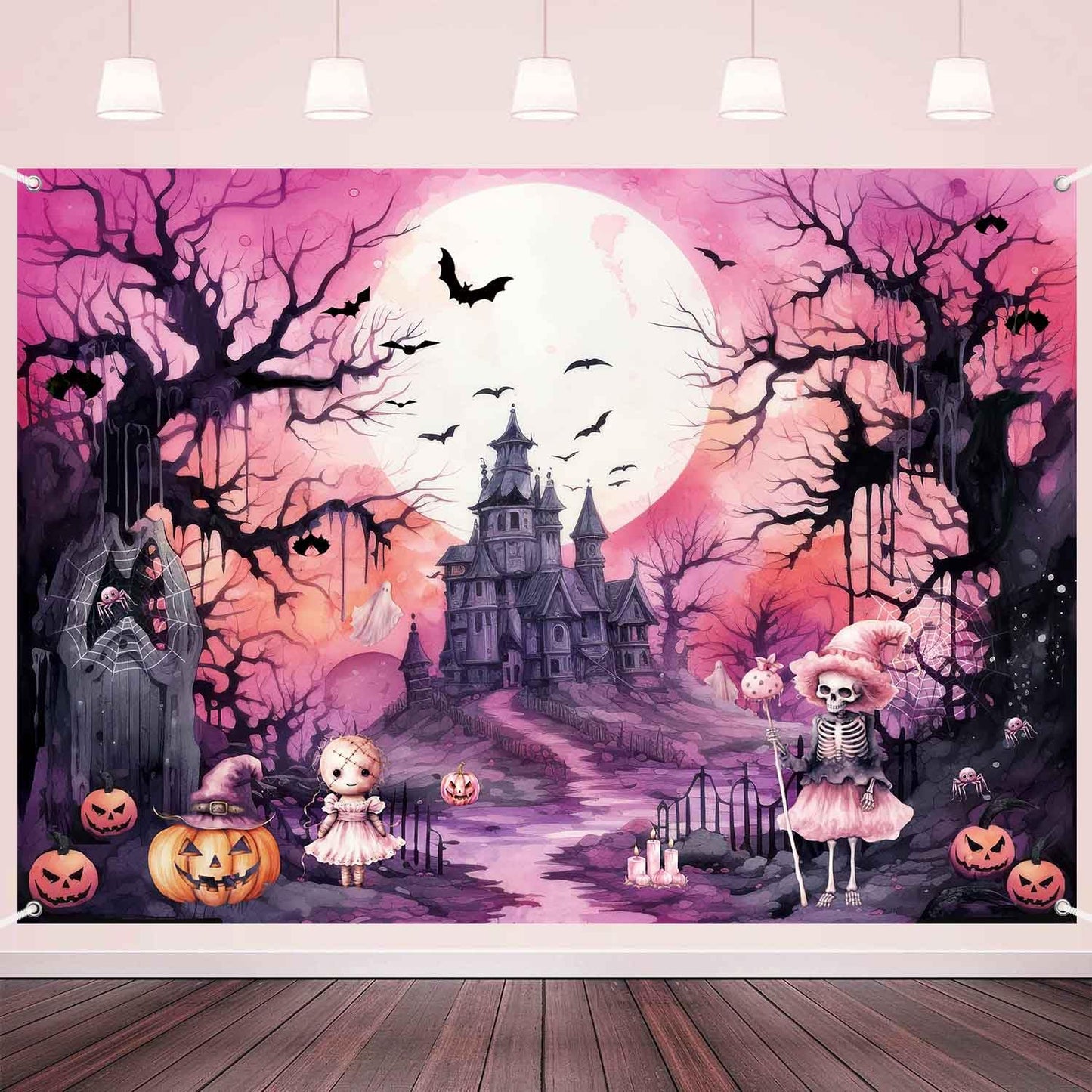 LDWLYW Pink Halloween Backdrop Banner Spooky Witch Halloween Birthday Party Decorations Pink Black Ghost Boo Haunted House Photo Backdrop Background Wall Decor for Girls Kids 7x5 ft