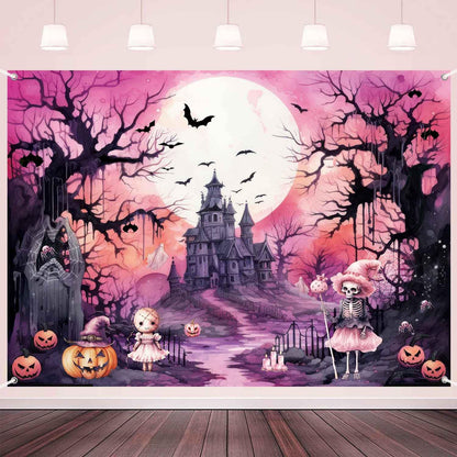 LDWLYW Pink Halloween Backdrop Banner Spooky Witch Halloween Birthday Party Decorations Pink Black Ghost Boo Haunted House Photo Backdrop Background Wall Decor for Girls Kids 7x5 ft