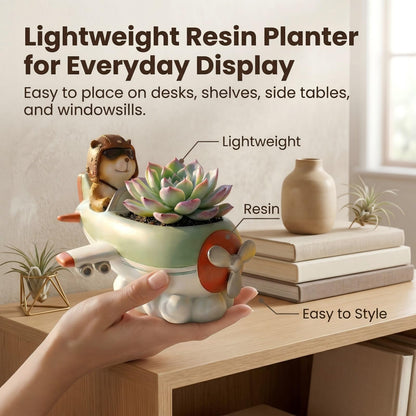 KREATIA Groundhog Pilot Airplane Planter with Drainage Hole, Resin Decorative Plant Pot for Succulents, Air Plants or Faux Greenery, Desk Shelf Windowsill Home Office Decor, 8.8 Inch