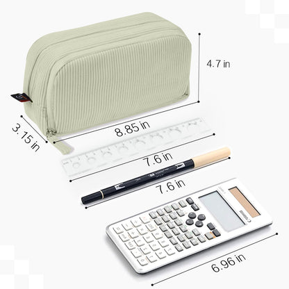 Sooez Big Capacity Pencil Case Pen Pouch, Soft Corduroy Pencil Bag with 3 Compartment, Multiple Pockets, Sturdy Zipper, Cute School Supplies Pen Bag Organizer For Teen Girls College, Green