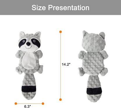 No Stuffing Squeaky Dog Toys Plush Chew Toy for Small Medium Puppy Large Breed, Stuffless Cute Animal Plush Toy for Indoor Play, Tough Durable Teething Interactive Gift, Raccoon,Gray
