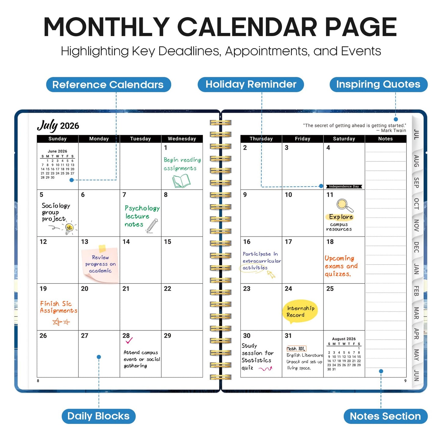 Planner 2026–2027, Weekly & Monthly Academic Organizer for School Year, Jul 2026–Jun 2027, Hardcover Planner with Tabs, Back to School Essential, 6.3" x 8.5", Harbor Starlight