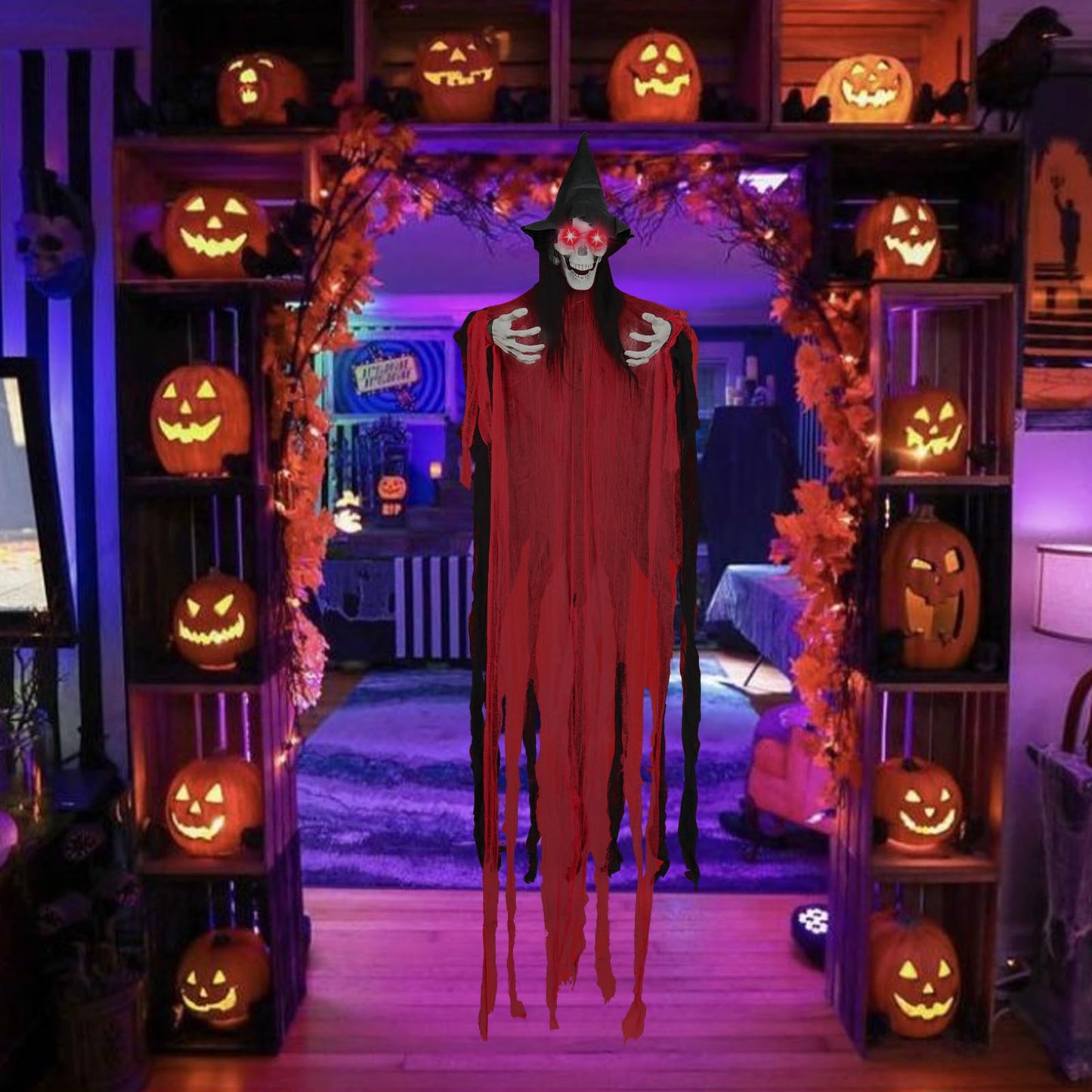 74.8" Halloween Decorations Outdoor - Moving Life-Size Skeleton Witch with Glowing Eyes, Sound-Actived Halloween Party Decoration with Creepy Sound (RED)