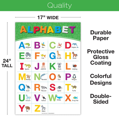 Global Printed Products, 20 Extra Large Educational Poster For Kids (24x17 Double Sided English/Spanish) Alphabet Color Letter Numbers Shapes Months Days Weather Time Animals Solar System Seasons Map