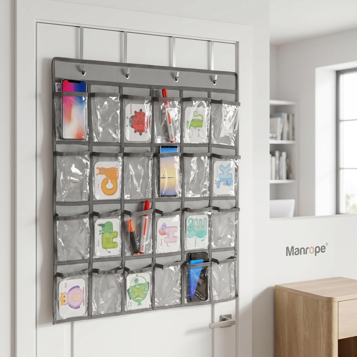 DOITOOL 24 Clear Pockets Classroom Pocket Chart for Cell Phones, Over the Door Hanging Organizer, Transparent Cell Phone Holder Organizer for Classroom, Calculator Pouch, Wall Jewelry Storage