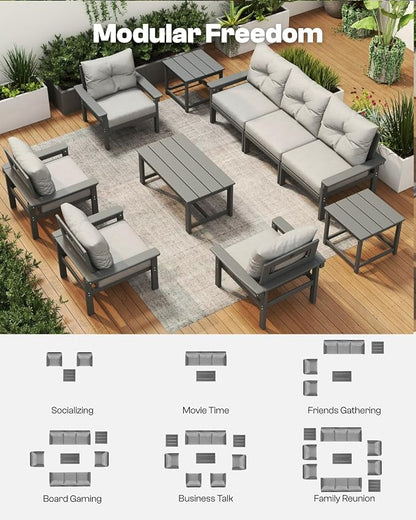 HDPE Outdoor Patio Furniture Set, 6-Piece Patio Conversation Sets with Coffee Table & Side Table & Grey Washable Thick Cushions, Outdoor Sofa for Balcony, Porch, Poolside (Grey Frame)