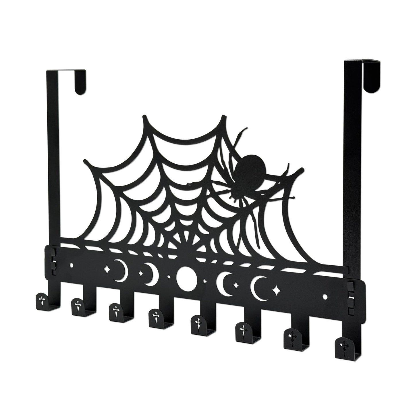 Gothic Spider Web Over The Door Hooks - 8-Hook Set with Moon Phase & Cross Design for Halloween Spooky Bathroom Decor | Metal Towel Hanger for Goth Home Accessories | Halloween Gothic Wall Organizer