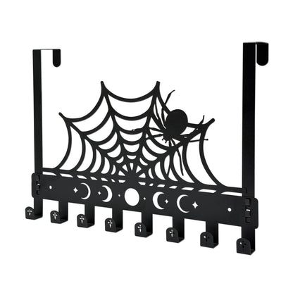 Gothic Spider Web Over The Door Hooks - 8-Hook Set with Moon Phase & Cross Design for Halloween Spooky Bathroom Decor | Metal Towel Hanger for Goth Home Accessories | Halloween Gothic Wall Organizer