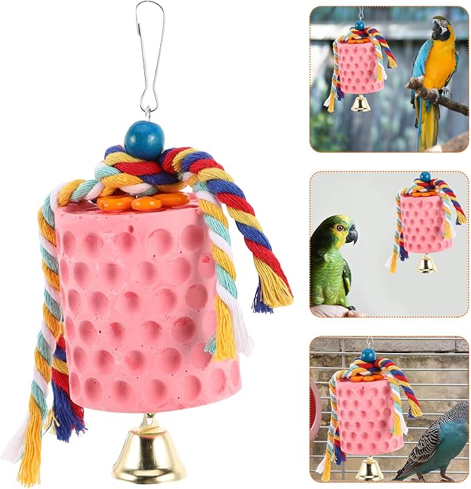 Bird Beak Grinding Stone with Bell for Parrots and Parakeets Natural Mineral Block Chew for Bird Beak Health Mental Stimulation and Cage Hanging Fun