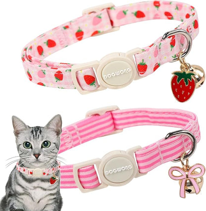2 Pack Pink Cat Collars - Spring Summer Strawberry Breakaway Cat Collar with Bell, Adjustable Cute Pink Striped Kitten Collars for Girl Cats, 7-12 Inch