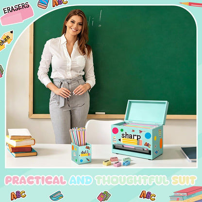 Watersay 108 Pcs Pencil Dispenser Kit for Classroom Wooden Sharp and Dull Pencil Holder 50 Pencils 50 Sharpener 6 Sticker Classroom Teacher Must Have Straw Dispenser for Back to School(Light Green)